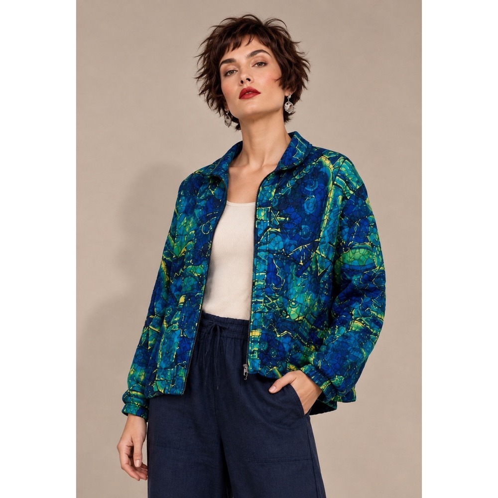 Chico's 100% Silk Abstract Art Quilted Zip Jacket Blue Green Size 3 (XL)